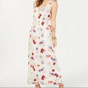 Lucky Brand Floral Maxi Dress LARGE beige Sleeveless Viscose